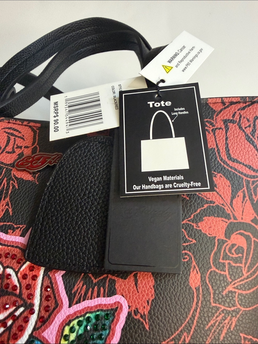 Ed Hardy Black & Red Rose Skull Tote Bag - Picture 2 of 7